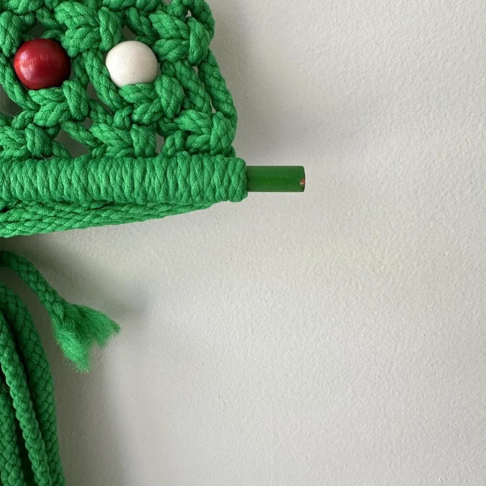 Vtg Macrame Crochet Handmade Christmas Tree Wall Hanging Large Green Red 32 X 12